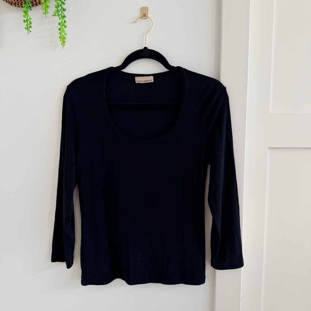 Susan Lawrence Classic Black Scoop Neck Women's Top Made in USA Paper Tag Medium